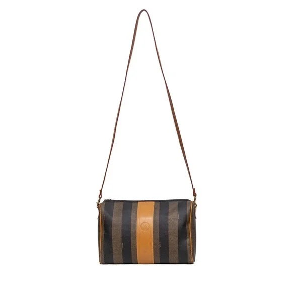 Fendi Vintage Pequin Stripe Coated Canvas Crossbody Shoulder‎ Bag Brown Tan
